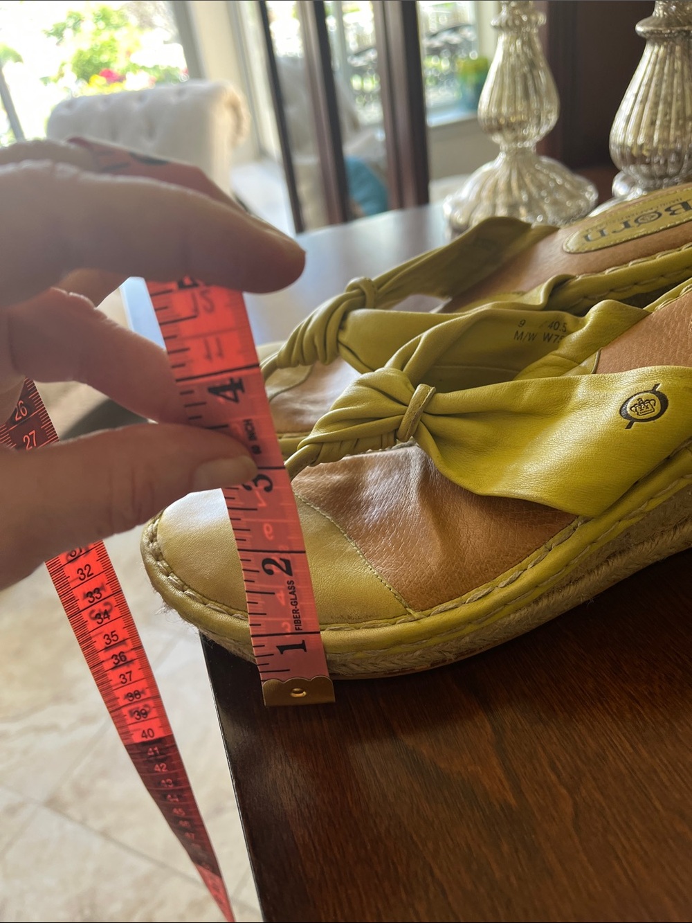 Born Lime Green Yellow Knot Leather 3 Inch Wedge Thong Sandals Size 9 - Picture 6 of 16